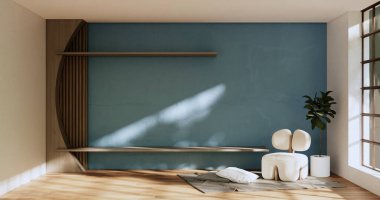 Mavi Wabisabi tarzı iç mekan. Japon oda 3D tasarımı.