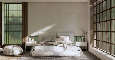 Minimalist wabisabi iç mimarisi, Japon yatak odasında zen yatak bitkisi ve dekoarsyon ile modellenir. 3B görüntüleme.