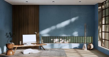 mavi oda ve ahşap paneller arka plan 3 boyutlu resimleme