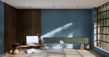 mavi oda ve ahşap paneller arka plan 3 boyutlu resimleme