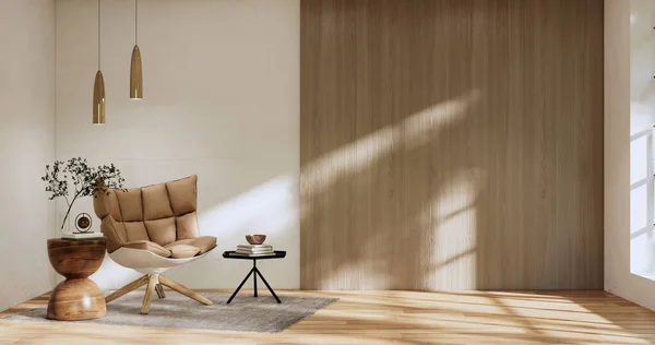 空房间里的扶手椅Wabi Sabi风格 3D插图渲染 — 图库照片