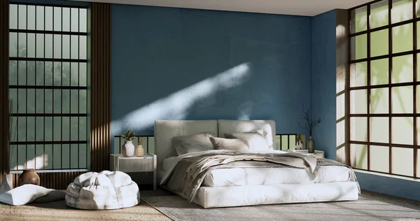 Ruang Biru Interior Mock Dengan Zen Tempat Tidur Tanaman Dan — Stok Foto