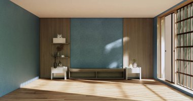 Dolap modern zen oturma odasında açık mavi duvar arka planında, 3D görüntüleme