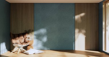 mavi oda ve ahşap paneller arka plan 3 boyutlu resimleme