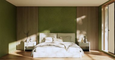 Yatak odası Japon tarzı, modern yeşil duvar ve ahşap zemin, oda minimalisti. 3B görüntüleme
