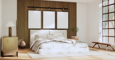 Minimalist wabisabi yatak odası bitkisi ve Japon yatak odasında decoartion. 3B görüntüleme.