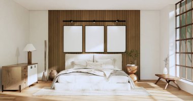 Minimalist wabisabi yatak odası bitkisi ve Japon yatak odasında decoartion. 3B görüntüleme.