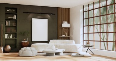 Boş oda wabi sabi stili koltuk. 3B illüstrasyon oluşturma