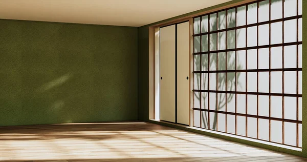 Prázdná Místnost Zelená Stěna Dřevěné Podlaze Interiéru Dekorace Rostlin Vykreslování — Stock fotografie