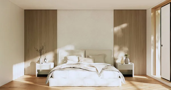 Minimalist wabisabi bedroom plant and decoartion in japanese bedroom. 3D rendering.