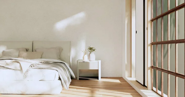 Minimalist wabisabi bedroom plant and decoartion in japanese bedroom. 3D rendering.