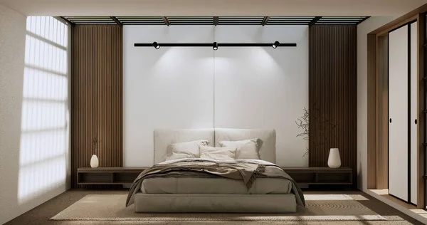 Minimalist wabisabi bedroom plant and decoartion in japanese bedroom. 3D rendering.