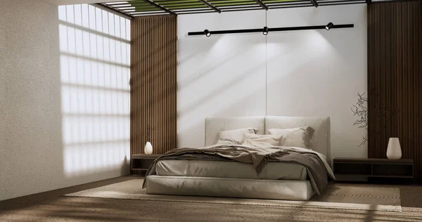 Minimalist wabisabi bedroom plant and decoartion in japanese bedroom. 3D rendering.