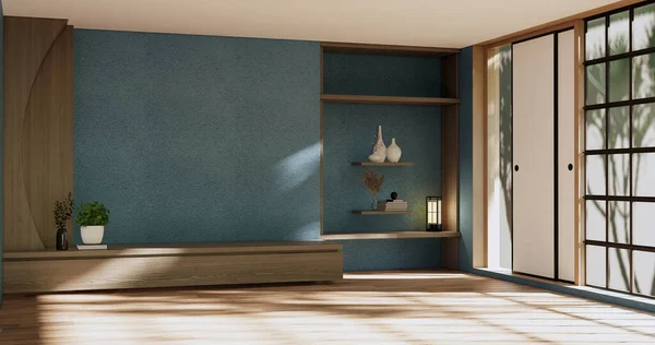 ライトブルーの壁の背景に現代の禅のリビングルームのキャビネット 3Dレンダリング — ストック写真