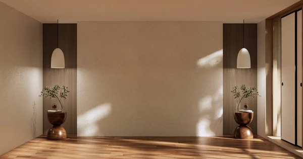 Boş Oda Fikri Zen Tarzı Zemin Tahtadan Beyaz Boş Duvar — Stok fotoğraf