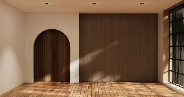 Idea of empty room interior zen style floor wooden on white empty wall.3D rendering