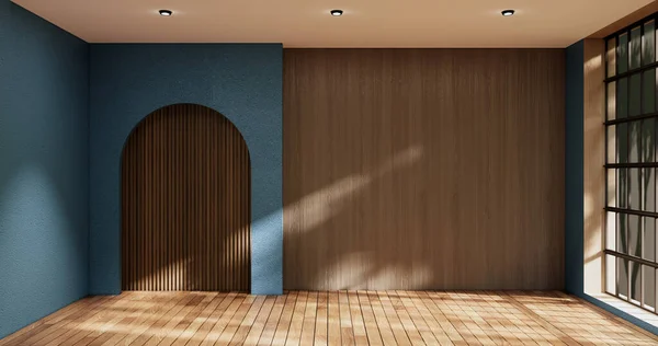 青い部屋と木のパネルの壁の背景3Dイラストレンダリング — ストック写真