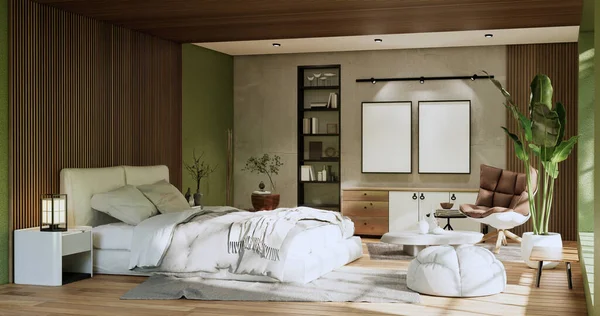 Yatak Odası Japon Tarzı Modern Yeşil Duvar Ahşap Zemin Oda — Stok fotoğraf