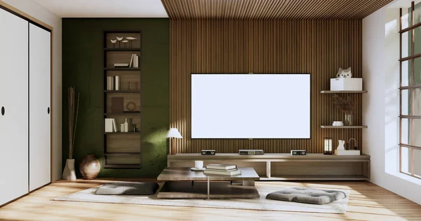 Wabisabi Styl Życia Wnętrza Concept Green Japoński Room Rendering — Zdjęcie stockowe