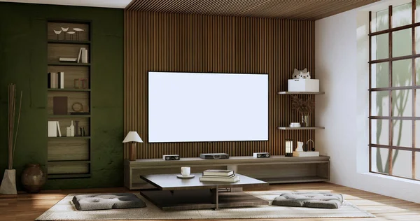 Wabisabi风格的生活内部概念绿色日本房间 3D渲染 — 图库照片