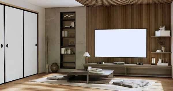 キャビネットテレビ木製日本デザイン最小限の室内 3Dレンダリング — ストック写真