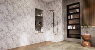 Banyoda banyo ve tuvalet Japon wabi sabi tarzı 3D.