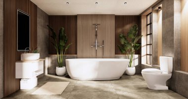 Banyoda banyo ve tuvalet Japon wabi sabi tarzı 3D.