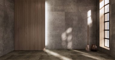 Boş odanın içini temizliyorum. Japon Wabi Sabi 3D tasarımı.