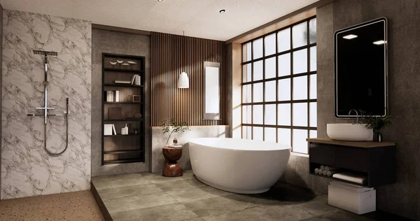 Die Badewanne Und Toilette Auf Badezimmer Japanischen Wabi Sabi Stil — Stockfoto