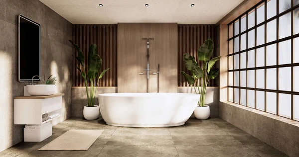 Banyoda banyo ve tuvalet Japon wabi sabi tarzı 3D.