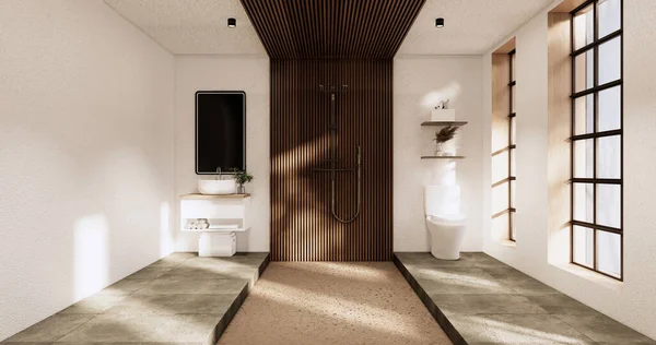 浴室上的浴室和厕所日本Wabi Sabi风格 3D渲染 — 图库照片