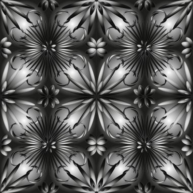 Siyah ve beyaz tonlarda 3 boyutlu papatya çiçeği süsü. Sonsuz, pürüzsüz, döngü.