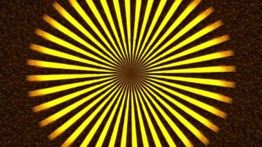 The yellow rays emerge from the center of the frame and rotate counterclockwise, either increasing or decreasing the diameter of the circle they form. Dark background. Endless cycle. The loop.