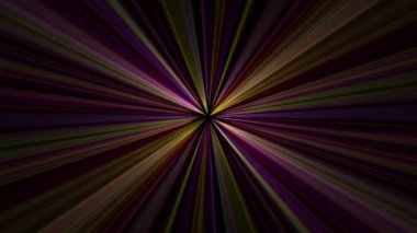 Çerçevenin merkezinden çok renkli ışık demetleri çıkar ve farklı frekanslarda parlar. Karanlık arka plan. Kapalı devre. Döngü.