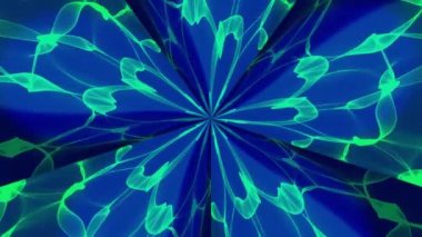 Green luminous ribbons are distorted against a blue background, creating the effect of water. Floral motifs. Background animation video. Endless cycle. The loop.