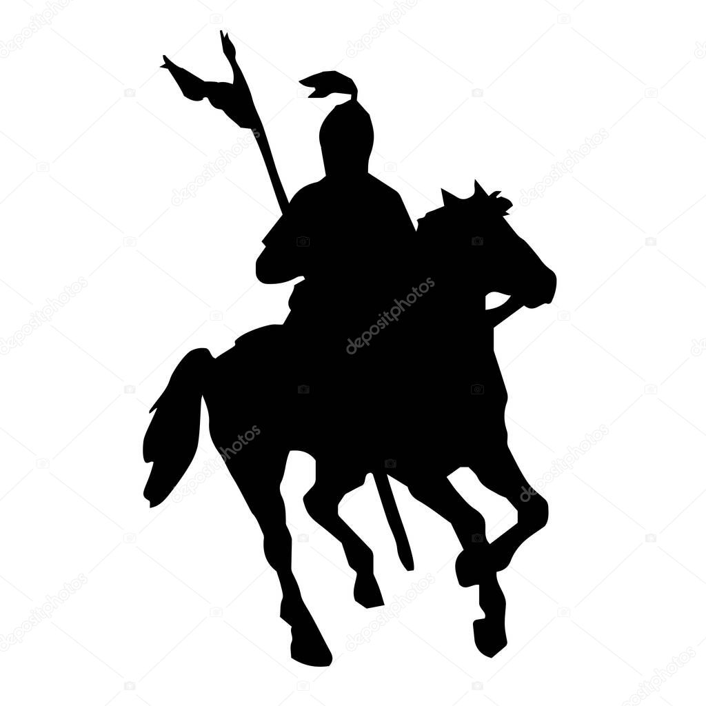 Silhouette of an ancient warrior knight rider nomad on a horse with a flag. Vector illustration