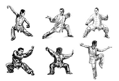 Beyaz arka planda izole edilmiş insan silueti. Wushu, kung fu, tekvando. Spor pozisyonları. İnsanların çizimleri. Vektör illüstrasyonu