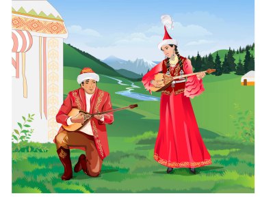 İlkbaharda, geleneksel kostümlü bir kız ve bir adam dağların arasında dombra müziği çalıp aytyz söylüyorlar. Nauryz tatili. Vektör illüstrasyonu.