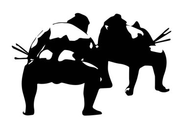 Sumo Japon dövüş sanatları geleneği. İki güreşçi, siyah beyaz grafik çizimi yapıyor. Vektör illüstrasyonu
