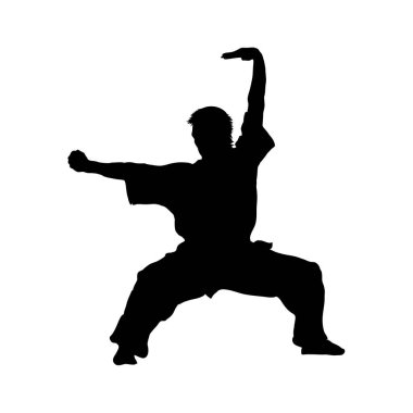 Adam ayakta dururken Wushu gösteriyor. Wushu sanatı. Kung Fu karatesi. Siluet. Vektör illüstrasyonu