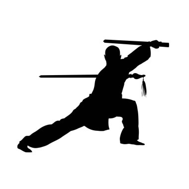 Adamın biri Wushu 'yu Dao kılıcıyla gösteriyor. Bir adamın silueti. Vektör illüstrasyonu