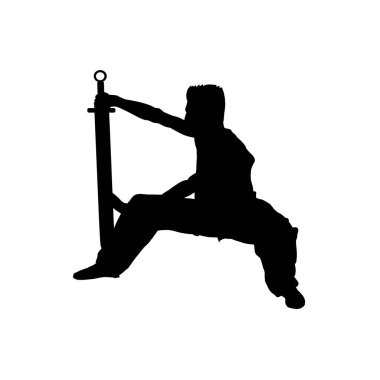 Bir adam kılıçlı Wushu üniforması yapıyor. Kılıçlı bir adamın silueti. Vektör illüstrasyonu