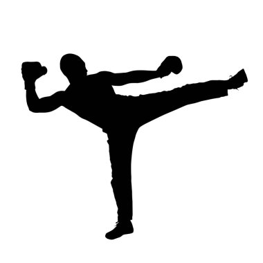 Adam ayakta dururken Wushu gösteriyor. Wushu sanatı. Kung Fu karatesi. Siluet. Vektör illüstrasyonu