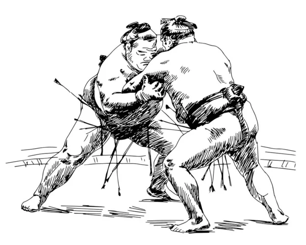 プリント相撲 2人の力士が決闘でお互いに押し出そうとします グラフィック スケッチ 黒のシルエット ベクターイラスト — ストックベクタ