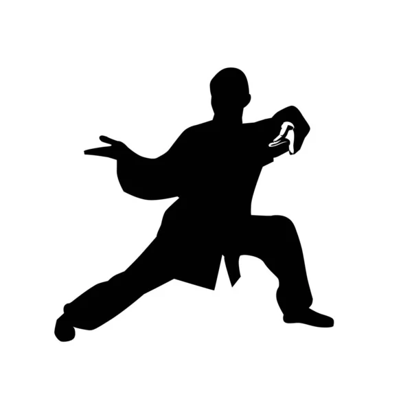 Silueta Hombre Mostrando Wushu Marcial Ejercicio Kung Ilustración Vectorial Wushu — Vector de stock