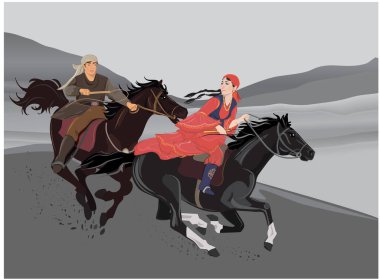 Atın üstündeki adam, ulusal bir kostümle at süren genç bir kadını yakalıyor. Tatil Nauryz geleneği. Vektör illüstrasyonu