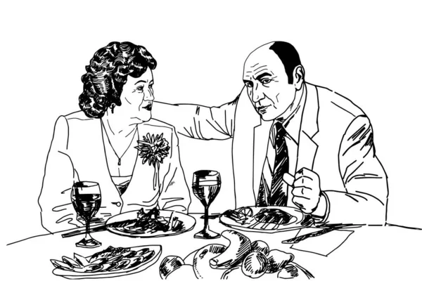 Een Paar Mannen Vrouwen Dineren Retro Een Schets Vectorillustratie — Stockvector