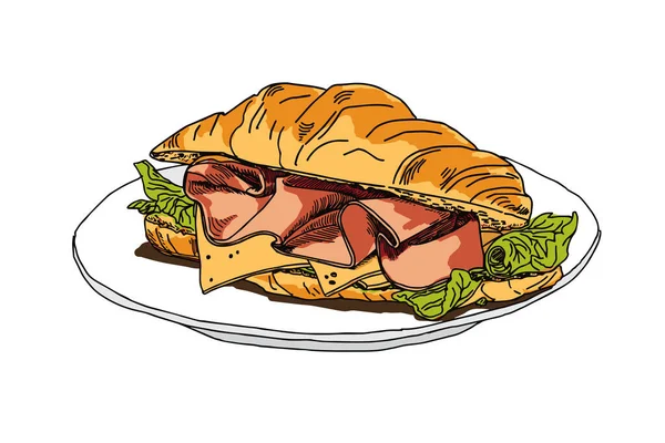 Croissant Bun Bacon Ham Cheese Salad Vector Illustration Clipart — Stock Vector
