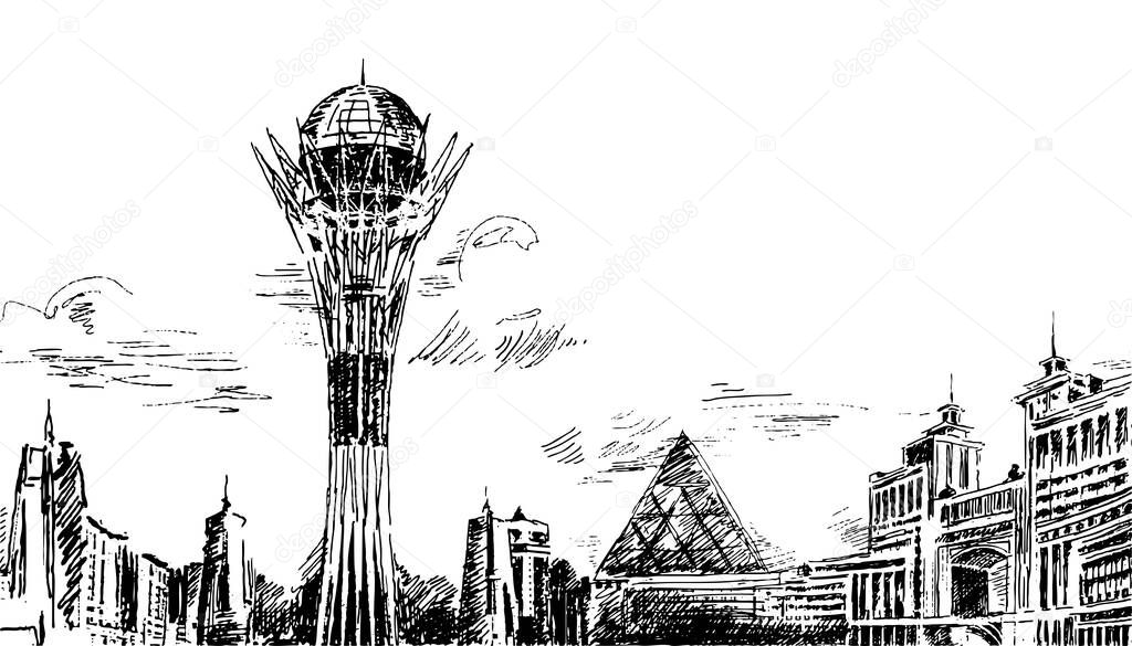 Astana city landmark Kazakhstan silhouette outline sketch drawing. Vector illustration