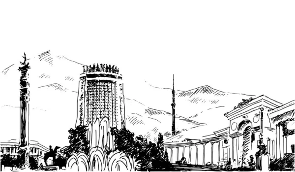 Panorama Desenhado Mão Ilustrações Gráficas Almaty Cidade Cazaquistão Edifícios Históricos — Vetor de Stock